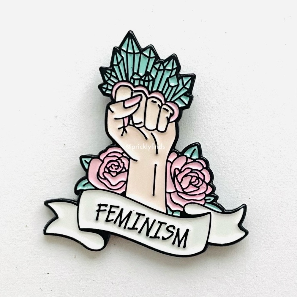 8/$40 Floral Feminism Fist With Crystal Knuckle Ring Enamel Pin
